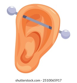 Human ear with industrial piercing showing body modification on white background