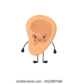 Human ear kawaii character. The ear is like a sense organ. Part of the face. Healthy organ of hearing. Vector illustration isolated on white background in hand drawn style.