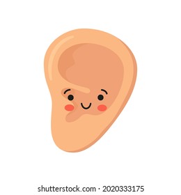 Human ear kawaii character. The ear is like a sense organ. Part of the face. Healthy organ of hearing. Vector illustration isolated on white background in hand drawn style.