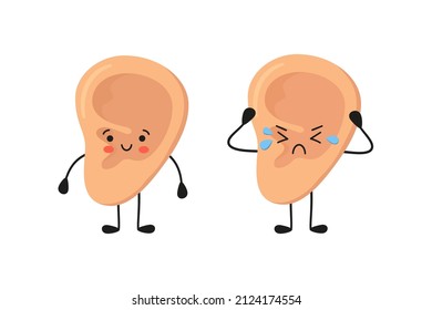 Human ear kawaii happy and sad characters. Healthy and sick ear. Healthy organ of hearing. Otitis and other diseases. Vector illustration isolated on white background in hand drawn style.