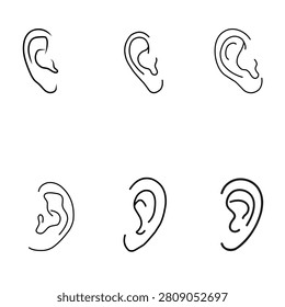 Human ear line art icon set, anatomical hearing outline vectors, otology sound sense graphics