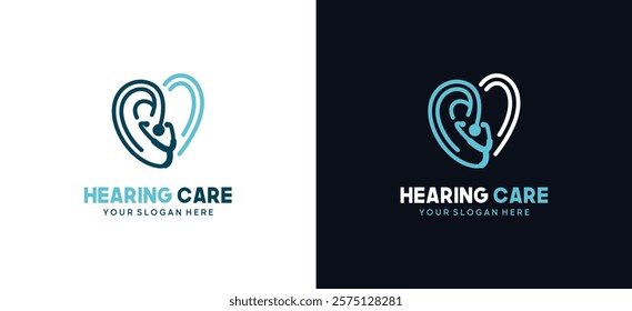 Human ear logo design with heart shaped stethoscope icon symbol creative line style