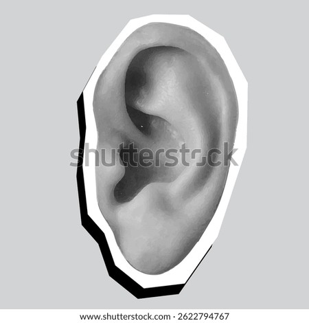 Human ear - modern collage element. Vector illustration isolated on gray background