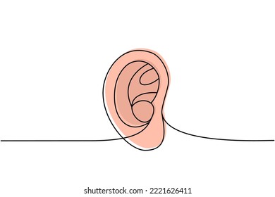 Dibujo continuo de una línea en el oído humano. Ilustración continua colorida de una línea en órganos humanos. Ilustración lineal minimalista del vector.