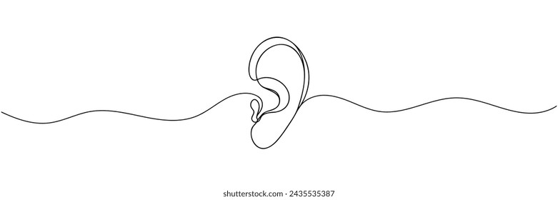 Human ear: one line, continuous line. Linear contour of the ear, silhouette. vector illustrator.