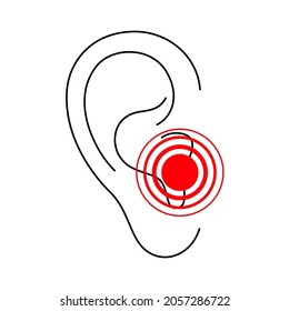 Human ear with pain anatomical icon. Tinnitus, otitis, or infections concept. Medical checkup and test of hearing organs concept. Deafness symbol on white background isolated flat vector illustration.