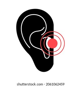 Human ear with pain anatomical icon. Tinnitus, otitis, or infections concept. Medical checkup and test of hearing organs concept. Deafness symbol on white background isolated flat vector illustration.