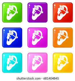 Human ear with piercing icons of 9 color set isolated vector illustration