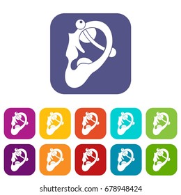Human ear with piercing icons set vector illustration in flat style In colors red, blue, green and other