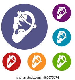 Human ear with piercing icons set