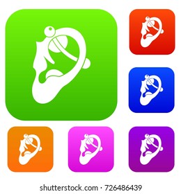 Human ear with piercing set icon color in flat style isolated on white. Collection sings vector illustration
