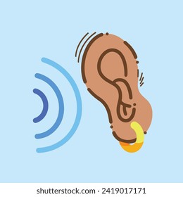 Human ear with round gold 
colored earring. Hearing or listening vector icon illustration isolated on square blue background. Simple flat colored cartoon art styled drawing.