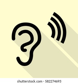 Human ear sign. Black icon with flat style shadow path on cream background.