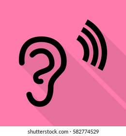 Human ear sign. Black icon with flat style shadow path on pink background.