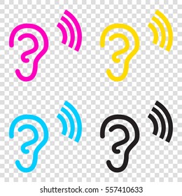 Human ear sign. CMYK icons on transparent background. Cyan, magenta, yellow, key, black.