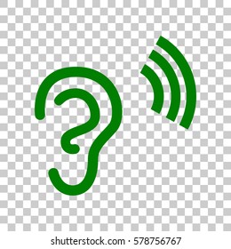 Human ear sign. Dark green icon on transparent background.