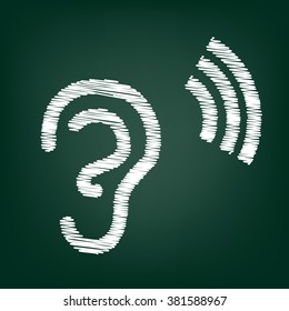 Human ear sign. Flat style icon with chalk effect