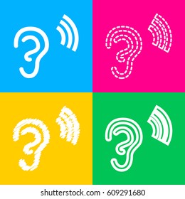 Human ear sign. Four styles of icon on four color squares.