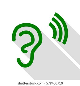 Human ear sign. Green icon with flat style shadow path.