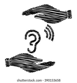 Human ear sign. Save or protect symbol by hands with scribble effect.