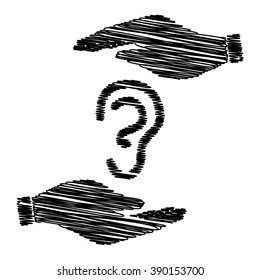 Human ear sign. Save or protect symbol by hands with scribble effect.