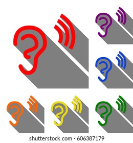 Human ear sign. Set of red, orange, yellow, green, blue and violet icons at white background with flat shadow.