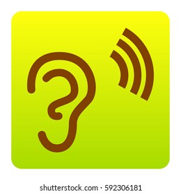 Human ear sign. Vector. Brown icon at green-yellow gradient square with rounded corners on white background. Isolated.