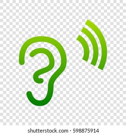 Human ear sign. Vector. Green gradient icon on transparent background.