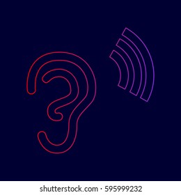 Human ear sign. Vector. Line icon with gradient from red to violet colors on dark blue background.