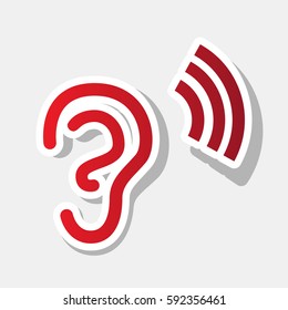 Human ear sign. Vector. New year reddish icon with outside stroke and gray shadow on light gray background.