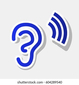Human ear sign. Vector. New year bluish icon with outside stroke and gray shadow on light gray background.