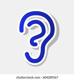 Human ear sign. Vector. New year bluish icon with outside stroke and gray shadow on light gray background.