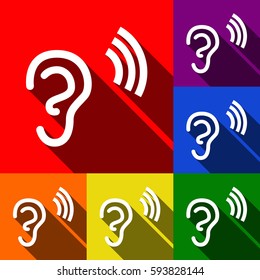 Human ear sign. Vector. Set of icons with flat shadows at red, orange, yellow, green, blue and violet background.