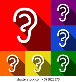 Human ear sign. Vector. Set of icons with flat shadows at red, orange, yellow, green, blue and violet background.