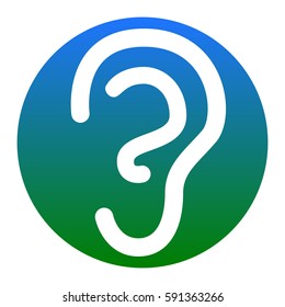 Human ear sign. Vector. White icon in bluish circle on white background. Isolated.
