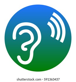 Human ear sign. Vector. White icon in bluish circle on white background. Isolated.