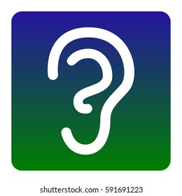 Human ear sign. Vector. White icon at green-blue gradient square with rounded corners on white background. Isolated.