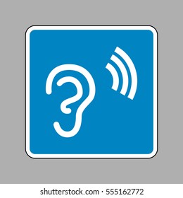Human ear sign. White icon on blue sign as background.
