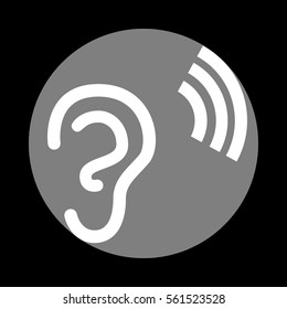 Human ear sign. White icon in gray circle at black background. Circumscribed circle. Circumcircle.