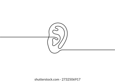 Human ear with sound wave continuous line art illustration on white  background