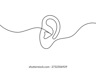 Ouvido humano com ilustração de arte de linha contínua de onda sonora no fundo branco