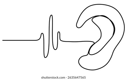Oído humano con ondas de sonido de dibujo de línea continua. Ilustración vectorial aislada en blanco.
