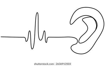 Human ear with sound waves continuous line drawing. Vector illustration isolated on white.