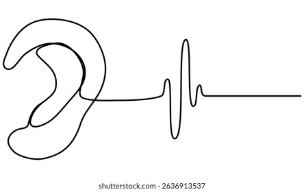 Human ear with sound waves continuous line drawing. Vector illustration isolated on white.