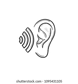 Human ear with sound waves hand drawn outline doodle icon. Human ear as a concept of listening vector sketch illustration for print, web, mobile and infographics isolated on white background.