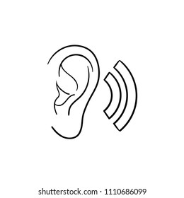 Human ear with sound waves hand drawn outline doodle icon. Human ear as a concept of listening and sound vector sketch illustration for print, web, mobile and infographics isolated on white background