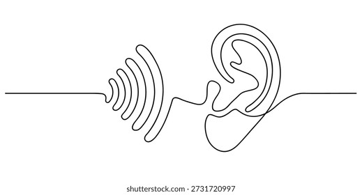 Orelha Humana com Ondas de Som Uma Linha Contínua Art Hearing Sense Listening Anatomy Ilustração Vetorial.