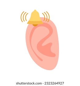 Human ear with tinnitus, bell as symbol of ringing in ears. Hear loud noise. Diseases of hearing organ or neurology problem. Vector illustration