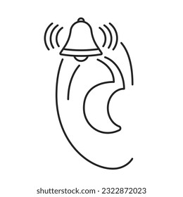 Human ear with tinnitus line art, bell as symbol of ringing in ears. Hear loud noise. Diseases of hearing organ or neurology problem. Vector illustration