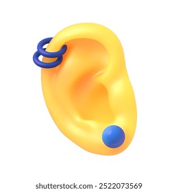 Ícone de vetor de ouvido humano 3D com anéis de piercing e brinco. Audição e senso de som. Emoji De Ouvido. Ilustração vetorial.